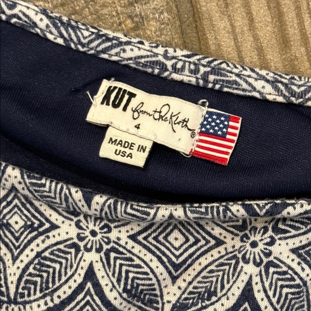 KUT from the Kloth Mollee Blue Geometric Ruched Faux Wrap Sheath Dress Size 4 - Picture 8 of 13
